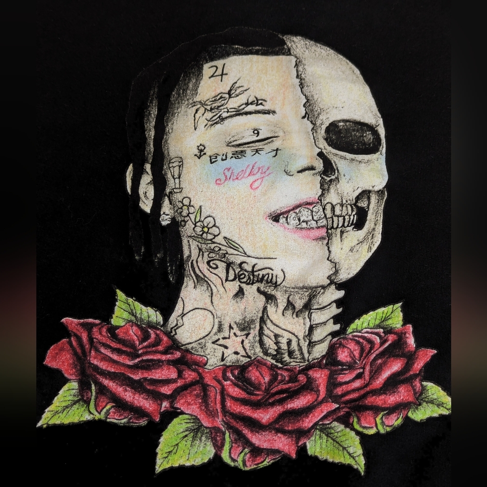 Lil Skies Hoodie Half Skull/Half Face Graphic Back, Butterfly Front Large Unisex